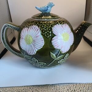 Green Floral Teapot with Blue Bird Lid